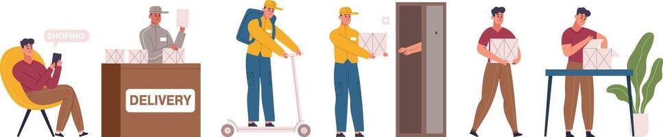 Online shopping process steps, choosing, order and delivery. Mobile shop orders step by step, confirm, delivery and unpack illustration set. Process of online shopping vector