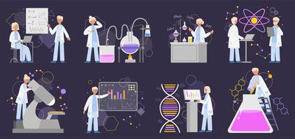 Scientist research, chemistry lab experiment, science workers. Man and woman scientists with lab equipment illustration set. Scientists doing research vector
