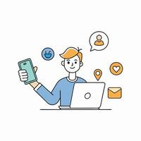 illustration of a digital marketer with laptop and some icon vector