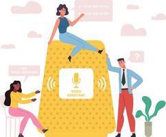 Voice command assistant, digital smart speaker device. People use smart speakers, digital assistants software technology illustration. Smart speaker concept vector