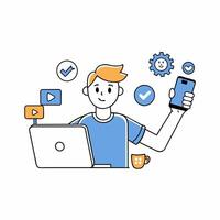 illustration of a digital marketer with laptop and some icon vector