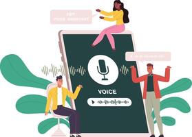 Voice assistant technology, digital smart speaker concept. Cartoon characters use voice assistants on smartphone screen illustration. Smart digital assistant concept vector