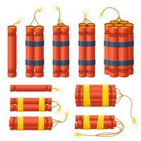 Dynamite explosive sticks, pyrotechnics explosion dynamite checkers. Red dynamite bomb burning sticks illustration set. Burning dynamite checkers vector