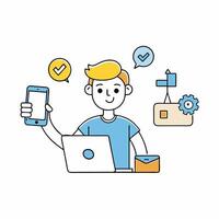 illustration of a digital marketer with laptop and some icon vector