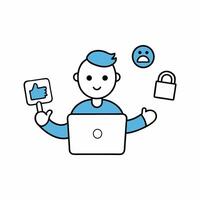 illustration of a digital marketer with laptop and some icon vector