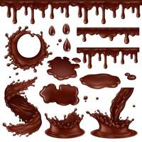 Realistic chocolate elements, hot cocoa drops, swirls and splashes. Dripping chocolate frosting sauce illustration set. Liquid chocolate dessert splashes vector