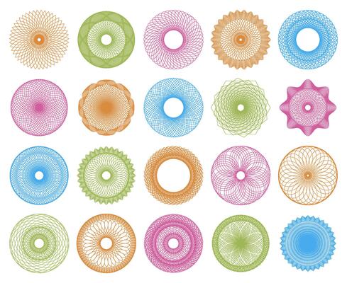 Guilloche money security watermarks, geometric round frames. Geometric circular meshy watermarks illustration set. Round guilloche elements