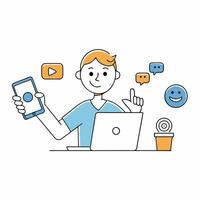 illustration of a digital marketer with laptop and some icon vector