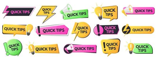 Quick tips, tricks and solutions logos, helpful advice emblems. Useful idea, problem solution and suggestions logos illustration set. Helpful tricks speech bubbles vector