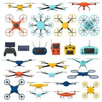 Drone technology aerial gadgets, unmanned aerial quadcopters. Modern multicolored aerial copters symbols set. Delivery flying drones vector
