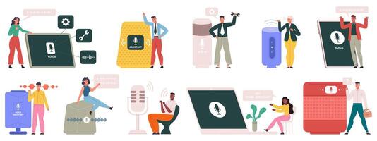 Smart speakers, characters use voice assistant, smart speaker device. Digital voice assistants, speech recognition and smart helpers illustration set. Voice assistants vector