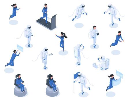 Isometric astronaut characters, space explorers, spaceman in spacesuit. Cosmonaut training center illustration set. Space exploration characters vector