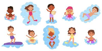 Kids swimming in pool or sea, summer children pool games. Multiethnic kids having fun in water illustration set. Children swimming and bathe vector