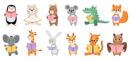Animals book lovers, reading fox, bear and rabbit. Smart animals learn by reading books illustration set. Animals like to read books vector