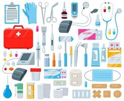 Cartoon first aid kit, medical tools and pharmacy medicines. Medical emergency box with bandage, painkillers and thermometer illustration set. First medical help items vector