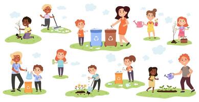 Eco friendly kids activity, sorting garbage and planting trees. Girls and boys planting tree illustration set. Kids throwing garbage into can vector