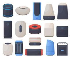 Smart home speaker, voice assistant digital device. Speakers with voice-controlled interface illustration set. Smart digital voice assistants vector