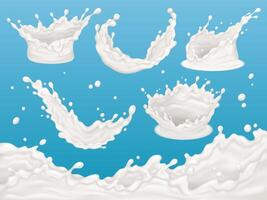 Realistic milk splatter, yogurt or cream splash elements. Splashes of dairy products illustration set. Milk splashes in various shapes vector