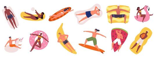 People swimming in pool with rubber circles, summertime water activities. Cartoon characters floating on inflatable mattresses or rubber pool toys illustration set vector