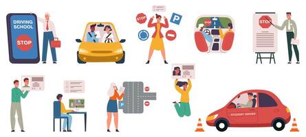Driving auto school, driving lessons, instruction and exam scenes. Student pass computer tests and get drivers license illustration set. Car driving education process vector
