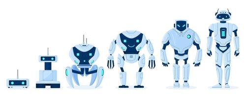 Cartoon robot evolution, digital bot characters development. Robots engineering progress from primitive droid to ai cyborg illustration set. Robotics technologies vector