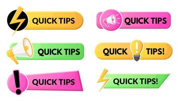 Quick tips and tricks helpful bars, advice, useful clue logos. Light bulb helpful tricks, prompts and suggestion symbols set. Abstract quick tips emblems vector