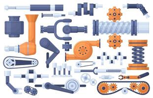Mechanism parts, machine, factory engine industrial elements. Technical gears and gear mechanics illustration set. Machinery, pinions and adapters vector