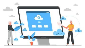 Online storage, cloud hosting, hardware platform technology concept. Network online cloud services illustration. Cloud technology it specialists concept vector