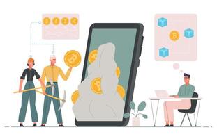 Bitcoin, crypto coin wallet, cryptocurrency mining technology concept. Bitcoins and altcoins farming tech illustration. Modern electronic money vector