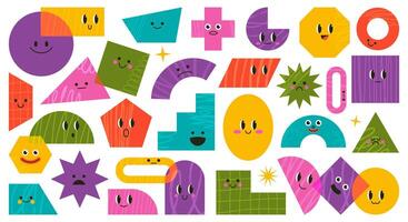 Abstract geometric comic shapes, cute doodle characters. Bright figures, square triangle and circle with face emotions illustration set. Funny cartoon mascots vector