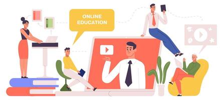 Online learning, e-library, digital workshop tutorials. People learning by reading books illustration. Characters learning in e-libraries vector