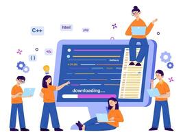 Website software developing, app programmers team concept. Code engeneers programming on computer illustration. Programmers and software developers vector