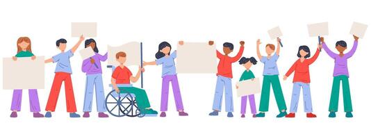 Protest movement, diversity activist characters, social community. Protesting people standing in row illustration. Human holding placards vector