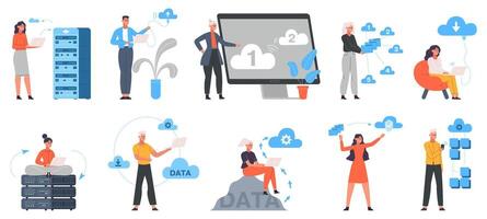 Cloud system, online data storage and cloud engineering. Online data cloud server engineer characters illustration set. Cloud engineering computing concept vector