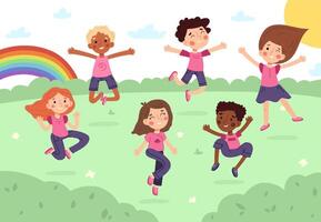 Happy cartoon kids jumping in park or kindergarten playground. Children doing outdoor activities illustration. Funny babys having fun vector