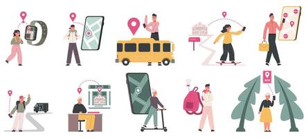 Kids safety technologies, smartwatch, geolocation tracker app. Child security technology, kids gps geolocation illustration set. Children tracking system vector