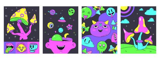 Psychedelic neon hippie retro stickers posters. Crazy surreal symbols covers illustration set. Weird eyes, mushrooms and retro floating elements vector