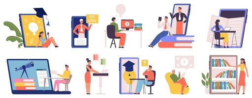 Online education, language training, digital workshop, e-learning concept. Learning online at home by call illustration set. E-learning, online education vector
