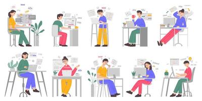 Software developing, website programmers and web designers. Young man writing code on computer illustration set. Motion graphic design, software errors vector