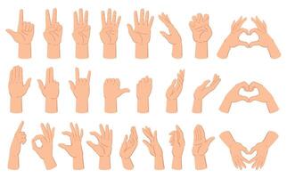 Cartoon hands gesture, hand poses, thumb up and counting gestures. Human hand gestures, count and crossed fingers illustration set. Hand gesture communication vector
