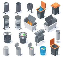 Isometric trash bins, 3d garbage rubbish can, waste recycle baskets. City waste sorting and recycling containers illustration set. Garbage containers vector