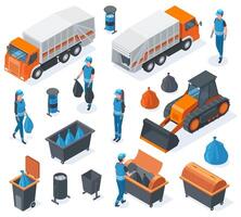 Isometric 3d garbage landfill, bulldozer, trash truck and scavengers. Garbage recycling equipment and garbage containers illustration set. City waste recycling service vector