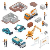 Isometric architecture building construction, architect and builders workflow. Construction work equipment illustration set. Building construction workers vector