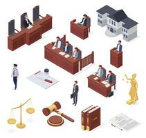Isometric law elements, court, judge, lawyer, and hammer. Tribunal and judgment equal for everyone illustration set. Magistrate passes sentence vector