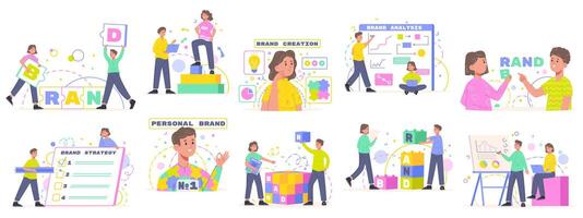 Corporate identity, brand creation and building, business development. Company presentation and personal brand illustration set. Business branding identity vector
