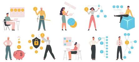 Cryptocurrency, bitcoin and blockchain data technologies. Modern digital money mining illustration set. Business people crypto coins mining vector