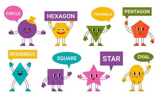 Abstract funny geometric comic characters with speech bubbles. Cartoon geometric faces, colorful shapes character illustration. Funny geometric figures vector