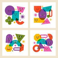 Geometric comic doodle abstract funny characters posters. Abstract funny figures with face emotions illustration covers set. Cartoon geometric shapes compositions vector