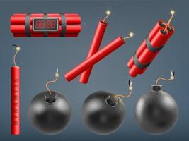 Realistic bombs, burning dynamite bomb sticks and explosive firecrackers. Dynamite bombs, explosive military weapon illustration set. Detonate dynamite sticks vector