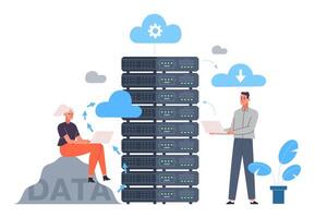 Cloud data server, online database storage technology concept. Data storage engineering, cloud hosting computing concept illustration. Cloud storage technology vector